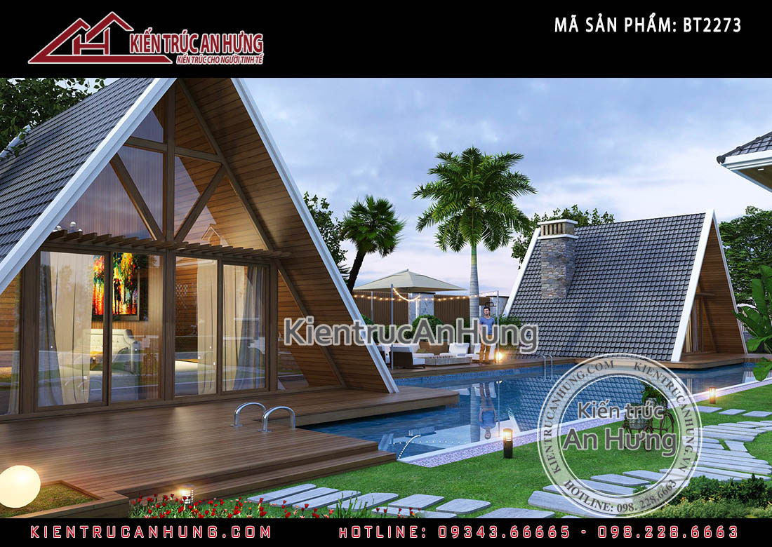 Thiết kế bungalow nghỉ dưỡng hình tam giác ở hai bên hồ bơi độc đáo, thú vị và ấn tượng