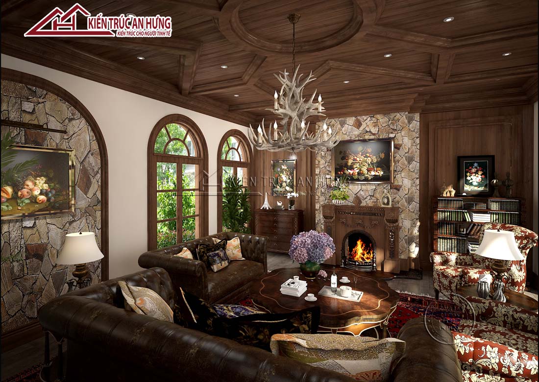 Nội thất phòng khách phong cách tân cổ điển sử dụng vật liệu gỗ, da. Điểm nhấn của căn phòng là những mảng tường ốp đá mộc ấn tượng