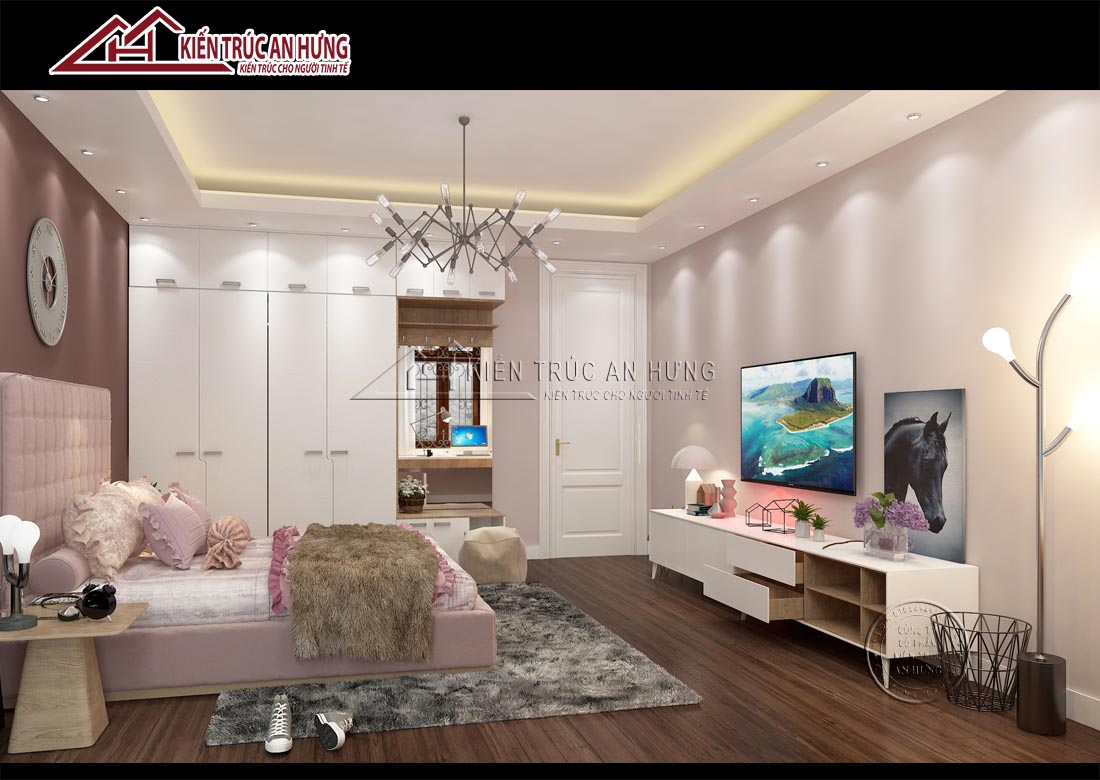 Thiết kế nội thất phòng ngủ con gái tone hồng ngọt ngào