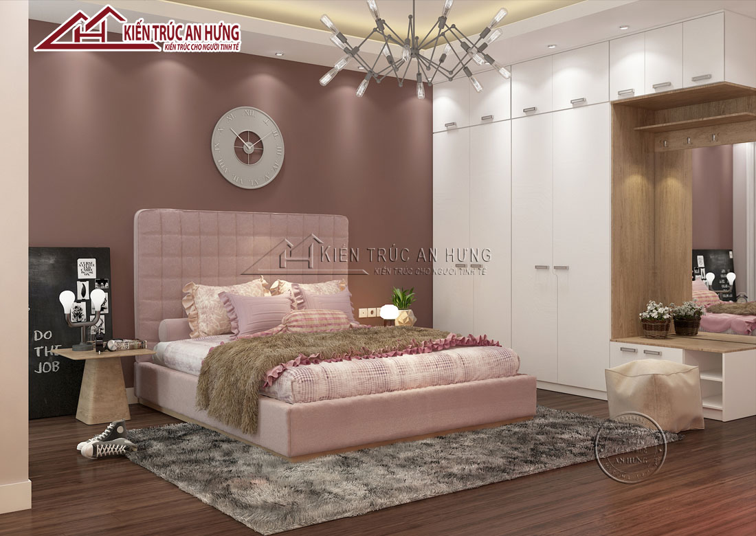 Thiết kế nội thất phòng ngủ con gái tone hồng ngọt ngào