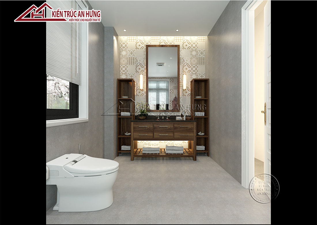 Với nhà vệ sinh trong phòng ngủ có diện tích 4 – 6 m2, gia chủ có thể thiết kế phòng tắm kính và bố trí thêm tủ đồ, gương, giá để đồ