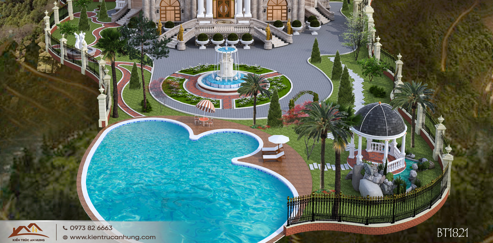 Khi thiết kế biệt thự có hồ bơi, nên chọn bể bơi có hình cong uốn lượn