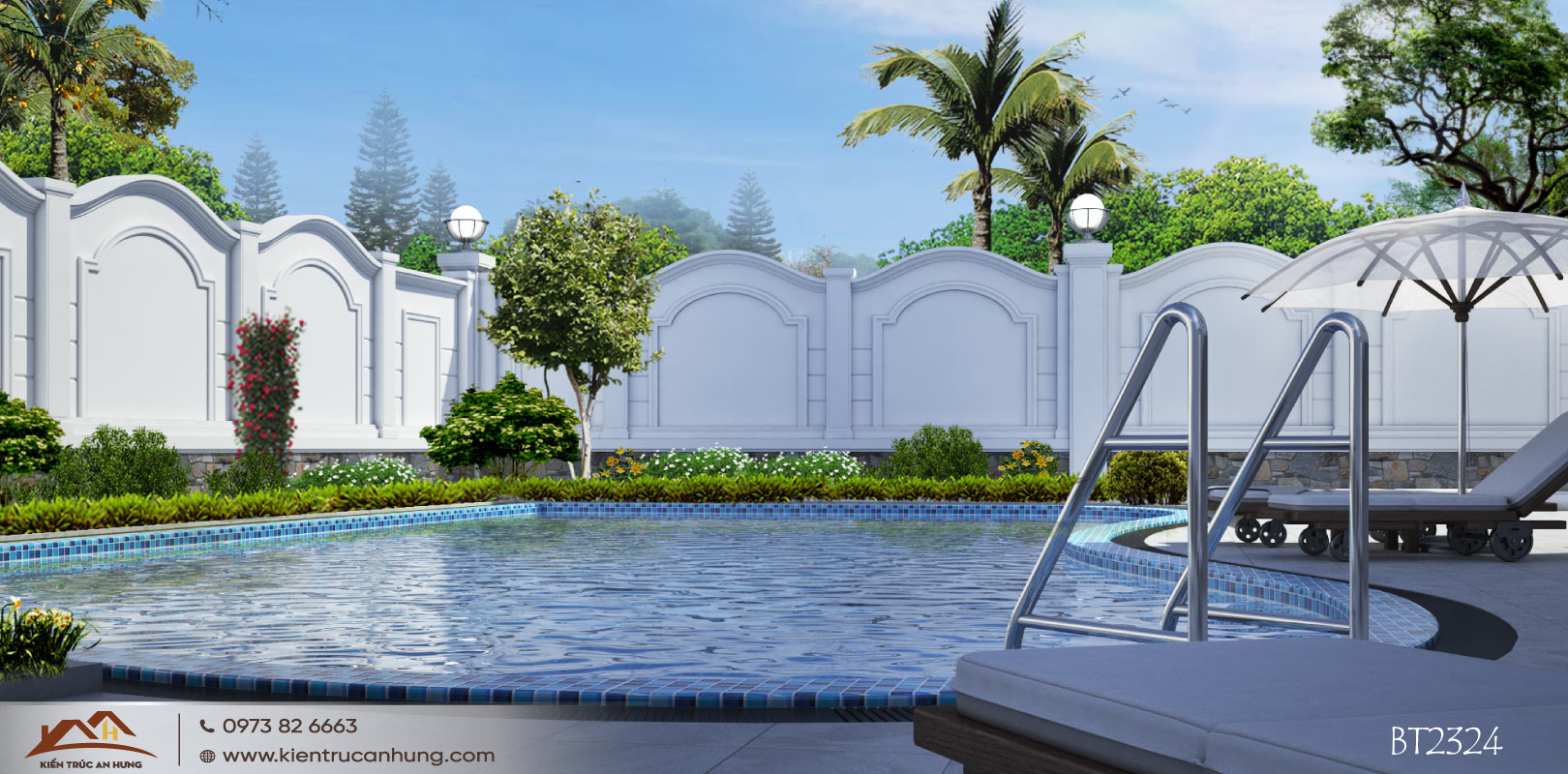 Bể bơi giúp điều hòa khí hậu cho căn biệt thự, góp phần kiến tạo cảnh quan đẹp cho công trình