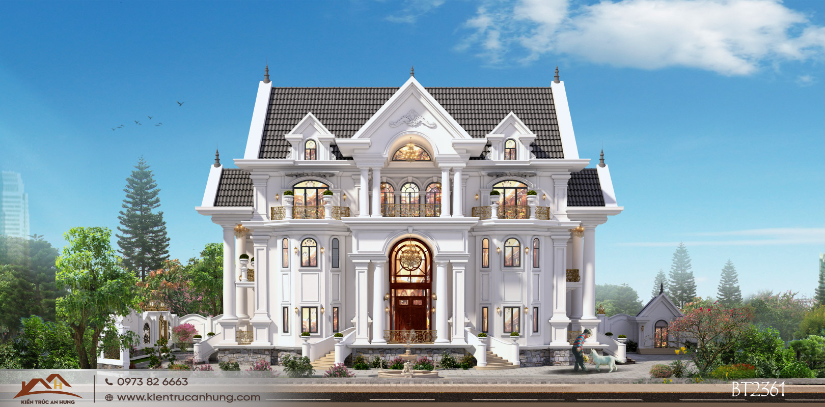 Ấn tượng với mẫu thiết kế biệt thự nhà vườn tân cổ điển châu Âu mặt tiền 24m tại Hà Nội BT2361