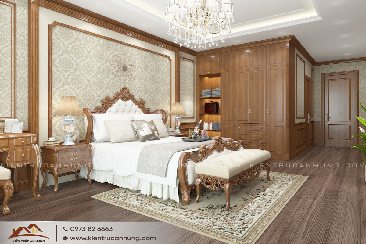 Không gian nội thất phòng ngủ cũng được thiết kế theo phong cách tân cổ điển tinh tế
