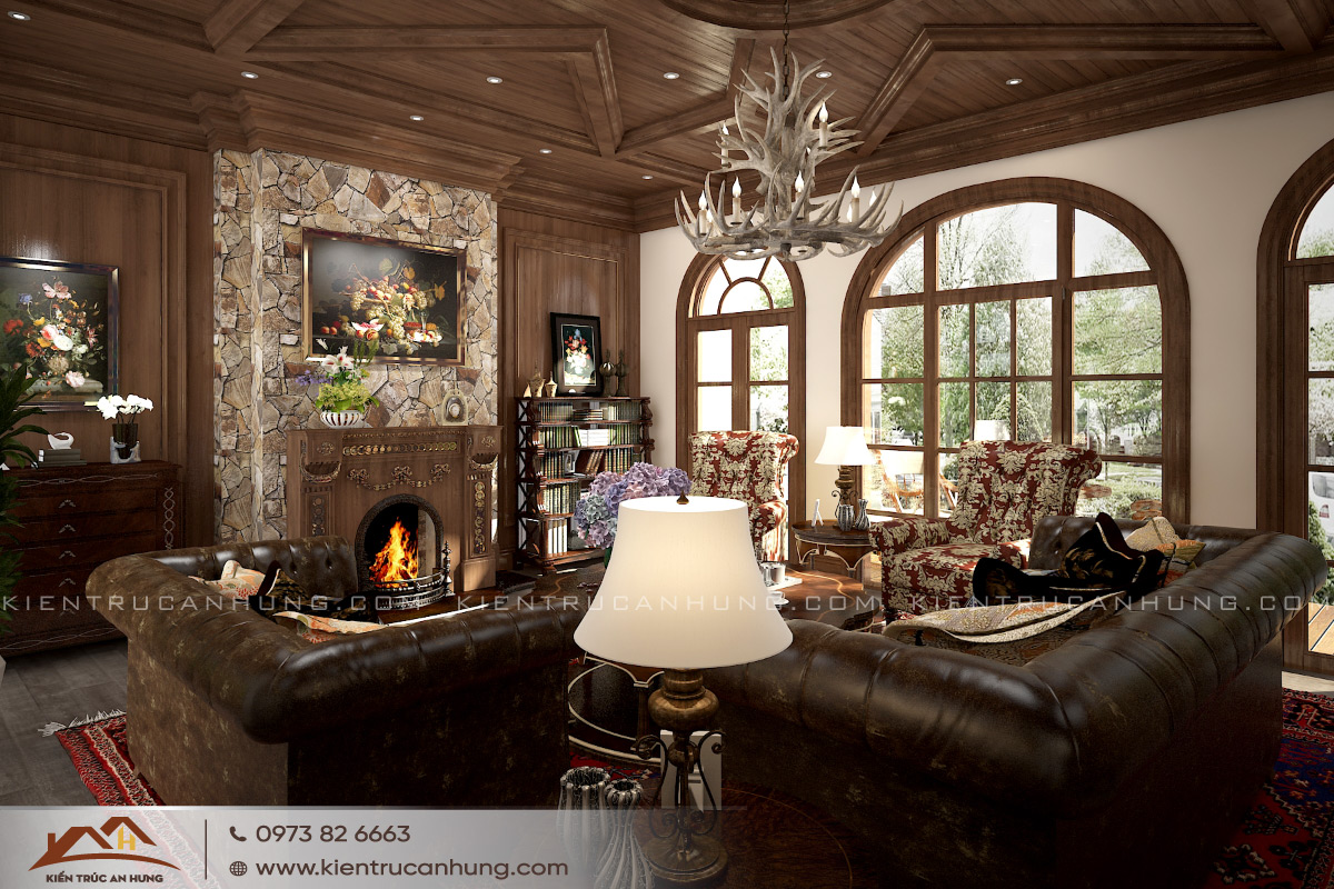 Nội thất phòng khách phong cách tân cổ điển sử dụng vật liệu gỗ, da. Điểm nhấn của căn phòng là những mảng tường ốp đá mộc ấn tượng