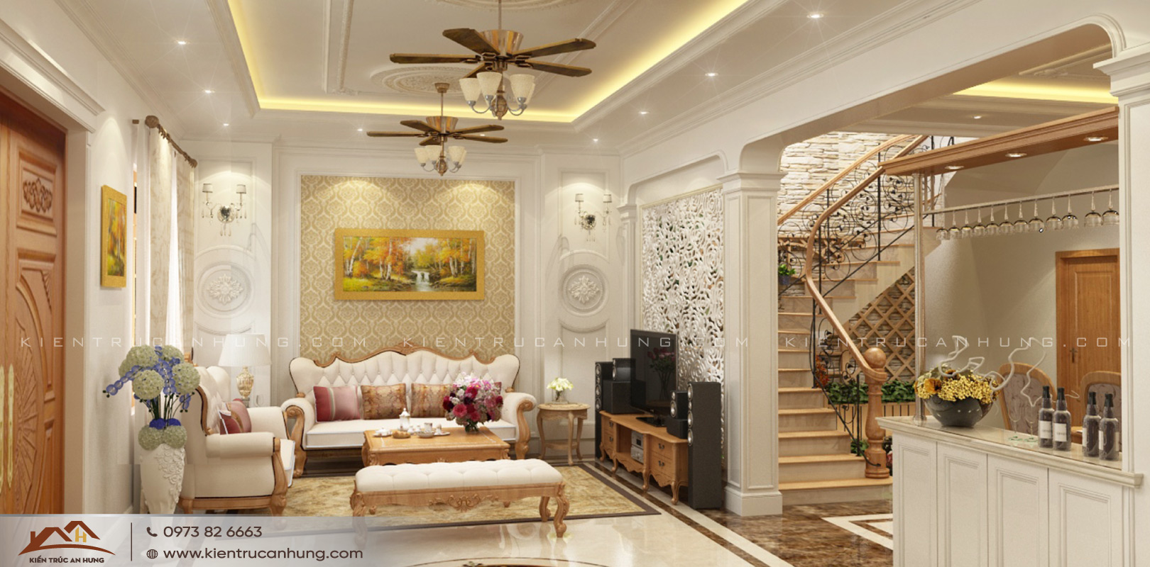 Thiết kế giếng trời phía trên cầu thang giúp đón ánh sáng phía trên vào không gian nội thất bên trong nhà